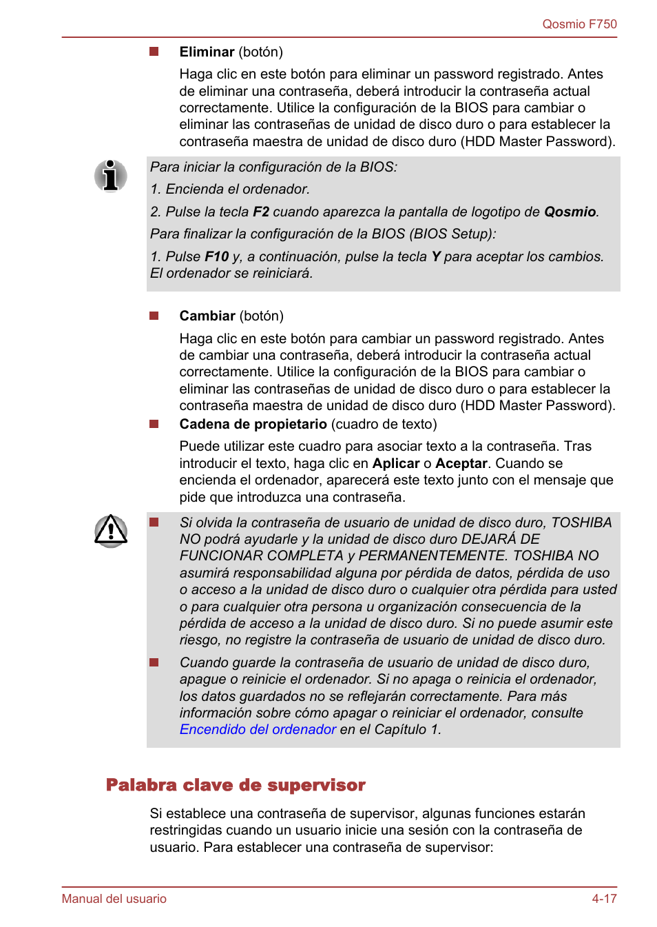 Palabra clave de supervisor | Toshiba Qosmio F750 User Manual | Page 126 / 193