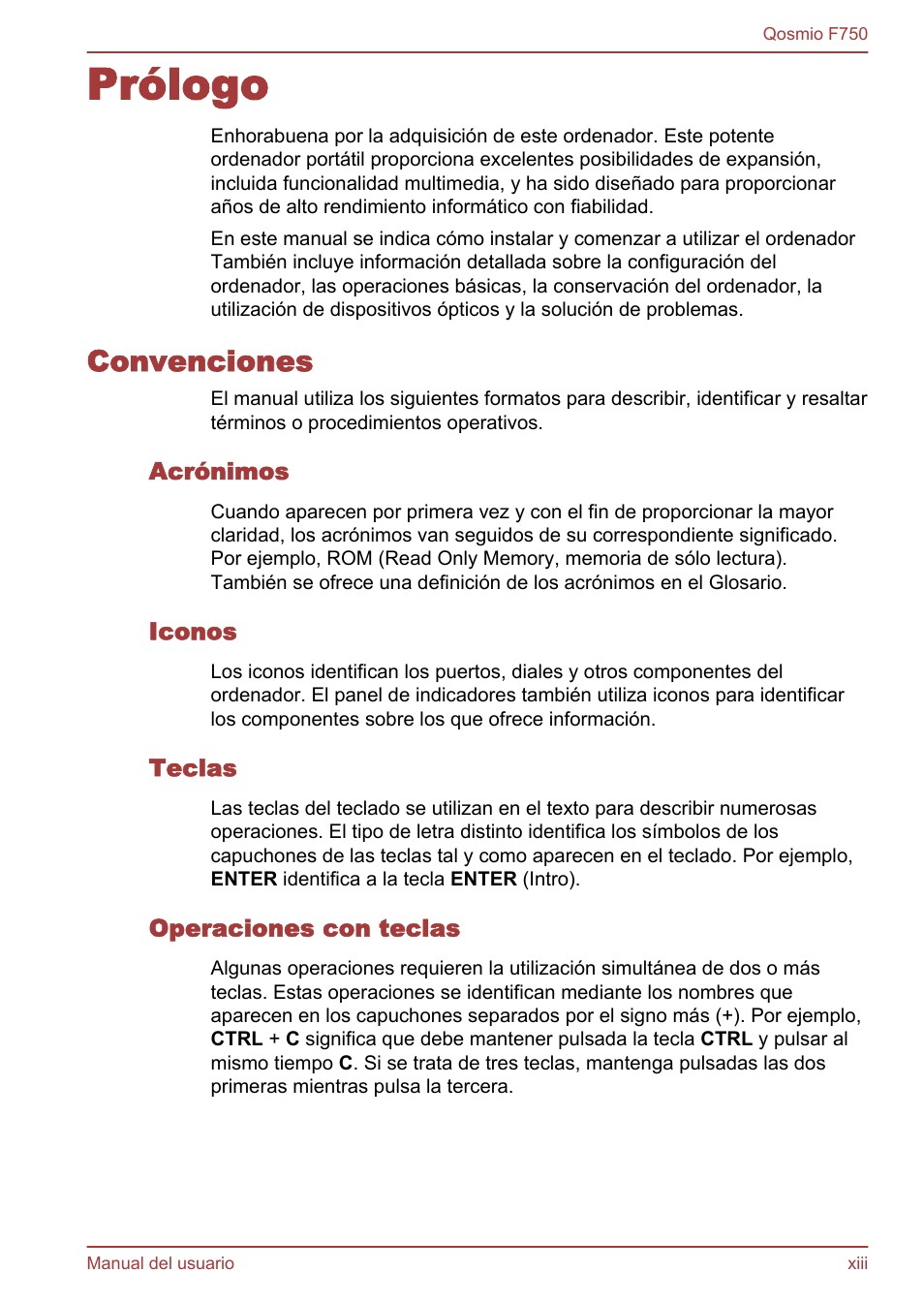 Prólogo, Convenciones, Acrónimos | Iconos, Teclas, Operaciones con teclas | Toshiba Qosmio F750 User Manual | Page 13 / 193