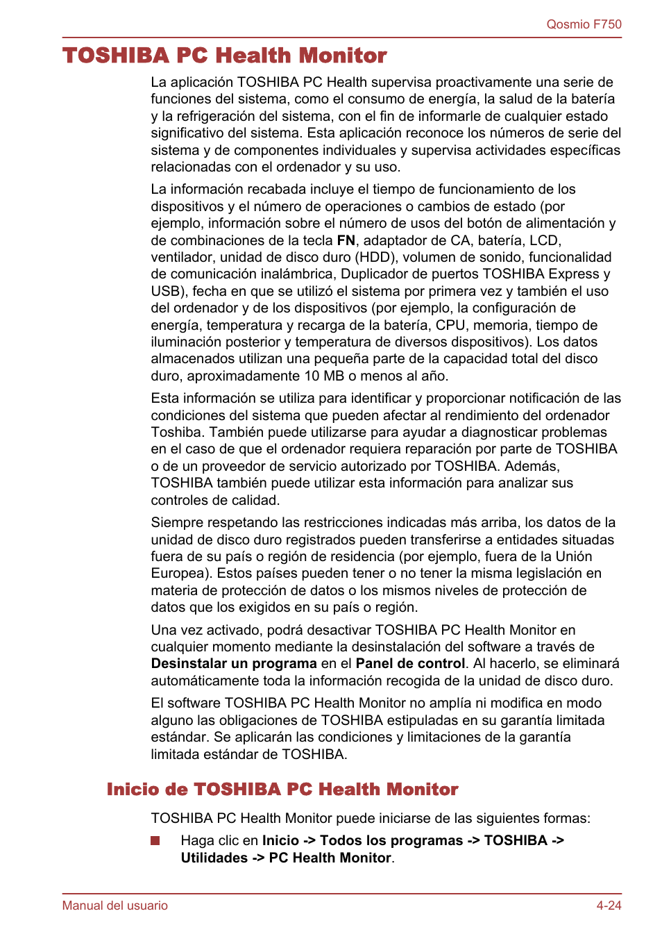 Toshiba pc health monitor, Inicio de toshiba pc health monitor, Toshiba pc health monitor -24 | Toshiba Qosmio F750 User Manual | Page 133 / 193