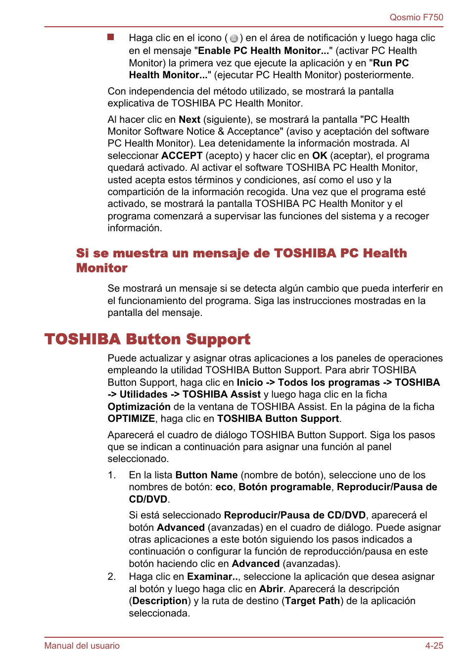 Toshiba button support, Toshiba button support -25 | Toshiba Qosmio F750 User Manual | Page 134 / 193