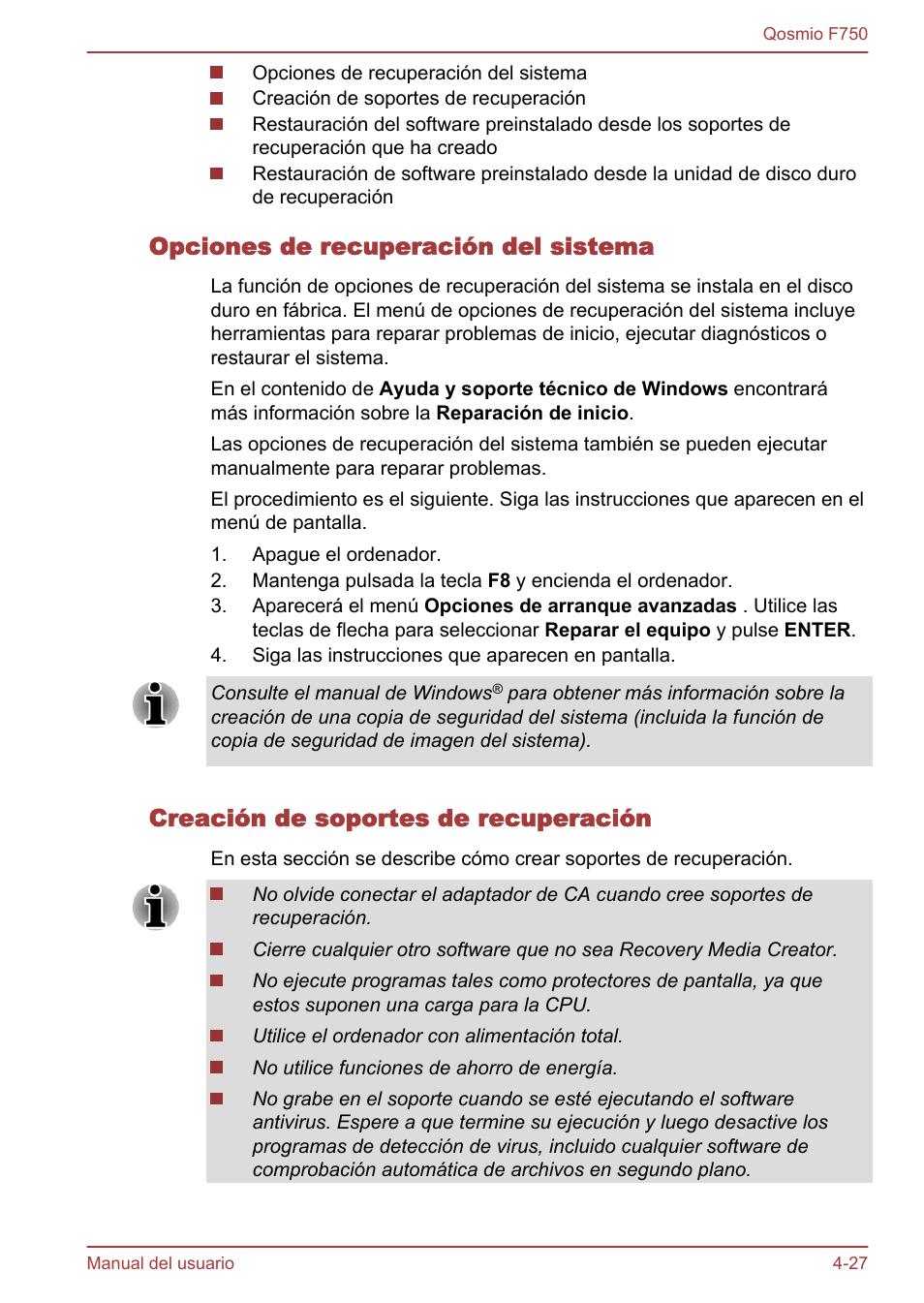 Opciones de recuperación del sistema, Creación de soportes de recuperación | Toshiba Qosmio F750 User Manual | Page 136 / 193