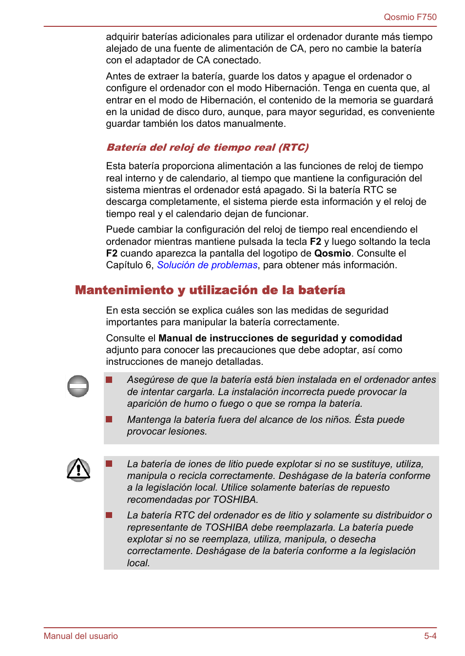 Mantenimiento y utilización de la batería | Toshiba Qosmio F750 User Manual | Page 143 / 193