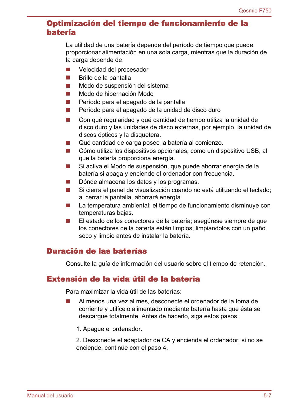Duración de las baterías, Extensión de la vida útil de la batería | Toshiba Qosmio F750 User Manual | Page 146 / 193