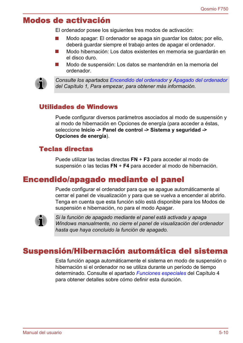 Modos de activación, Utilidades de windows, Teclas directas | Encendido/apagado mediante el panel, Suspensión/hibernación automática del sistema | Toshiba Qosmio F750 User Manual | Page 149 / 193