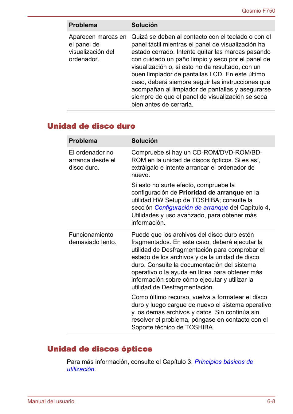 Unidad de disco duro, Unidad de discos ópticos | Toshiba Qosmio F750 User Manual | Page 157 / 193