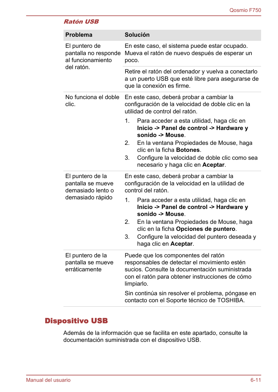 Dispositivo usb, Ratón usb | Toshiba Qosmio F750 User Manual | Page 160 / 193