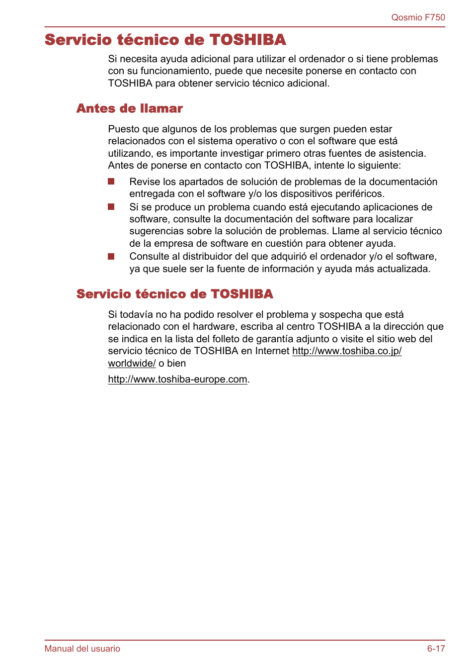 Servicio técnico de toshiba, Antes de llamar, Servicio técnico de toshiba -17 | Toshiba Qosmio F750 User Manual | Page 166 / 193