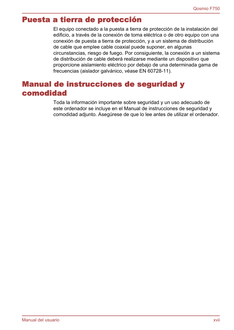 Puesta a tierra de protección, Manual de instrucciones de seguridad y comodidad | Toshiba Qosmio F750 User Manual | Page 17 / 193