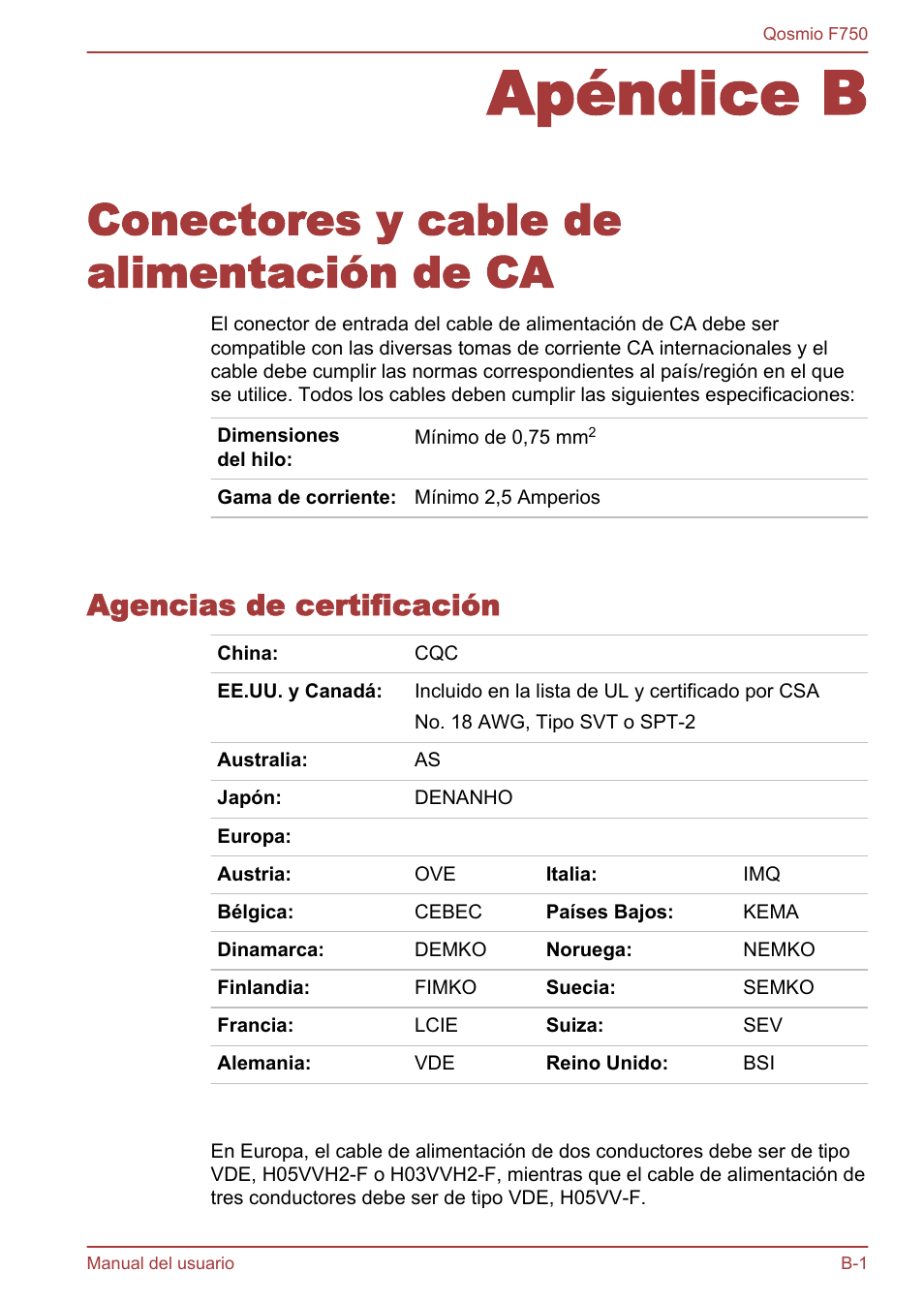 Agencias de certificación, Apéndice b, Conectores y cable de alimentación de ca | Toshiba Qosmio F750 User Manual | Page 170 / 193