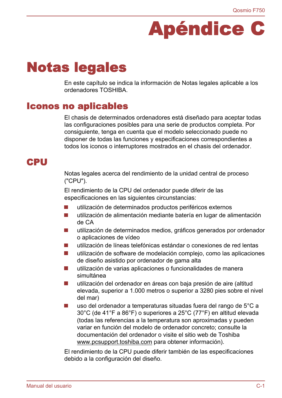 Apéndice c notas legales, Iconos no aplicables, Apéndice c | Notas legales | Toshiba Qosmio F750 User Manual | Page 172 / 193