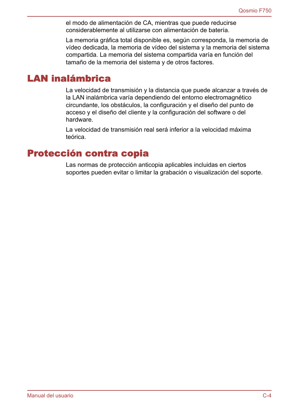 Lan inalámbrica, Protección contra copia | Toshiba Qosmio F750 User Manual | Page 175 / 193
