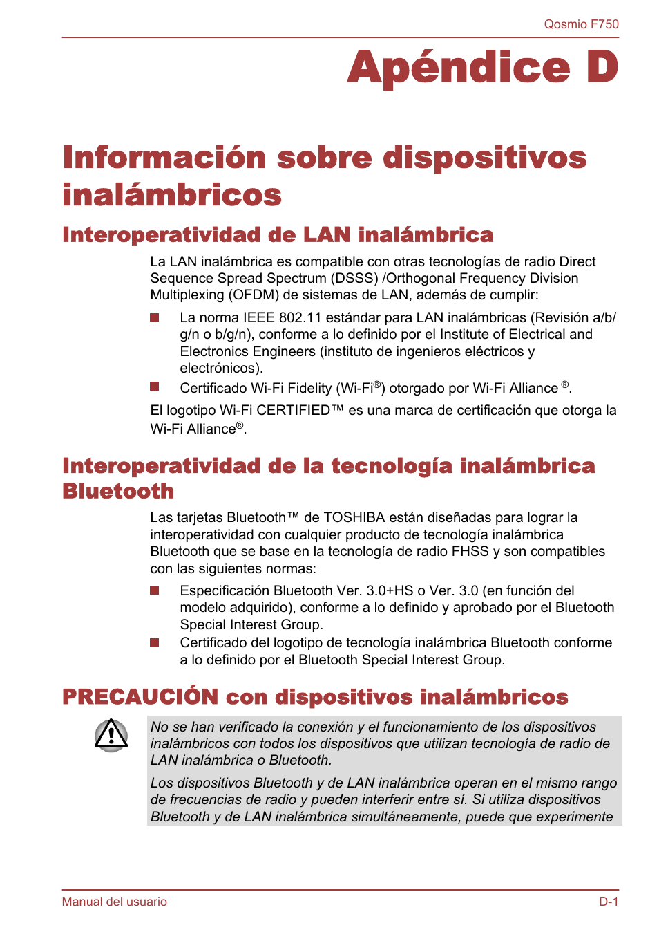 Interoperatividad de lan inalámbrica, Precaución con dispositivos inalámbricos, Apéndice d | Información sobre dispositivos inalámbricos | Toshiba Qosmio F750 User Manual | Page 176 / 193