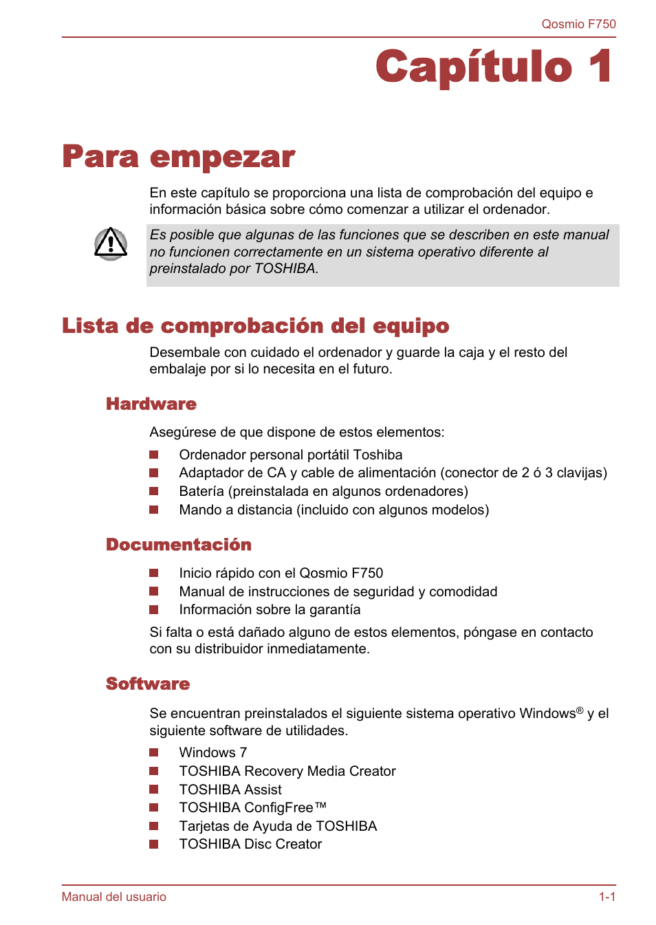 Capítulo 1 para empezar, Lista de comprobación del equipo, Hardware | Documentación, Software, Capítulo 1, Para empezar, Lista de comprobación del equipo -1 | Toshiba Qosmio F750 User Manual | Page 18 / 193