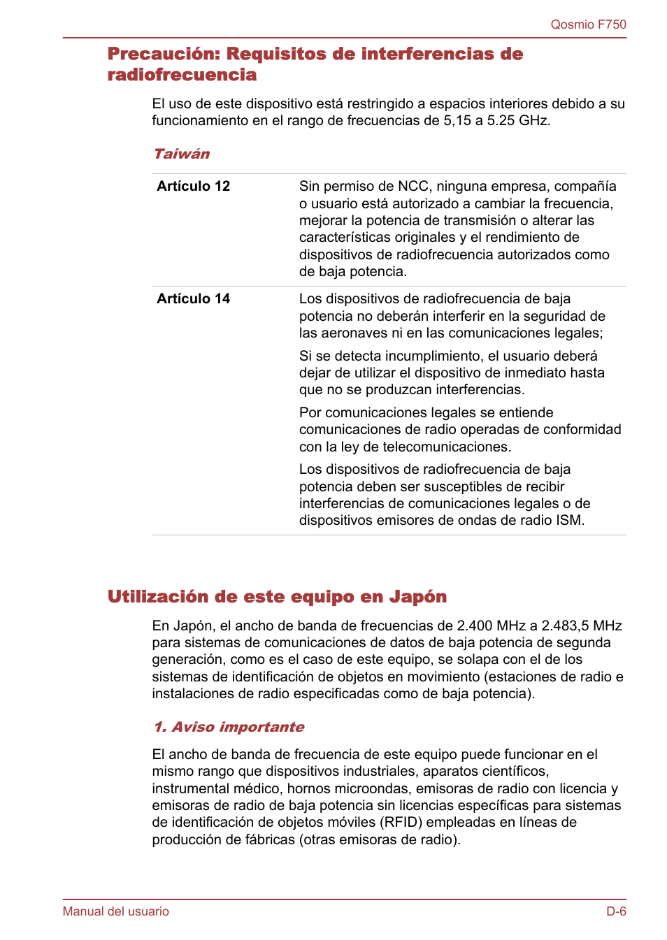 Utilización de este equipo en japón | Toshiba Qosmio F750 User Manual | Page 181 / 193
