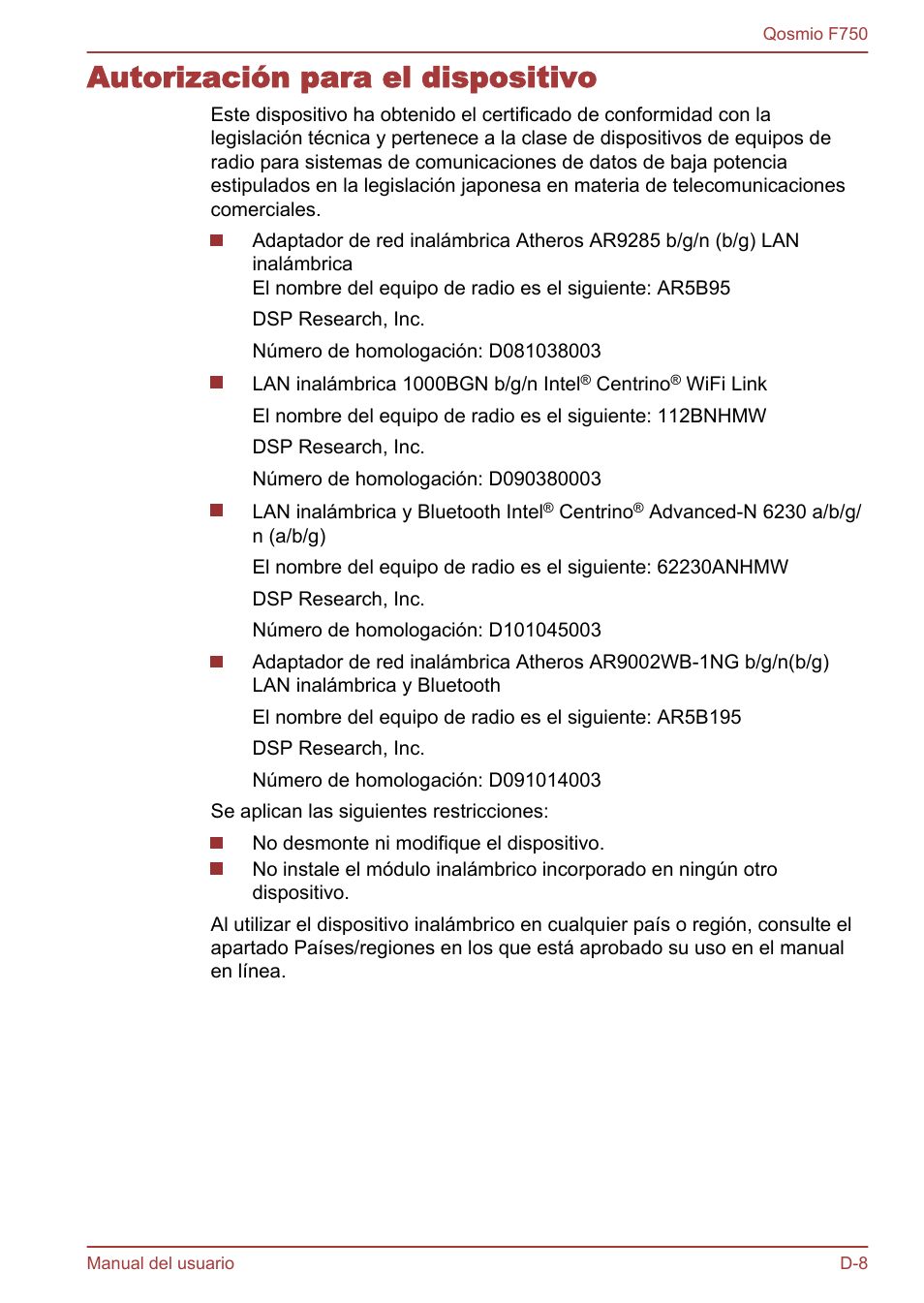 Autorización para el dispositivo | Toshiba Qosmio F750 User Manual | Page 183 / 193