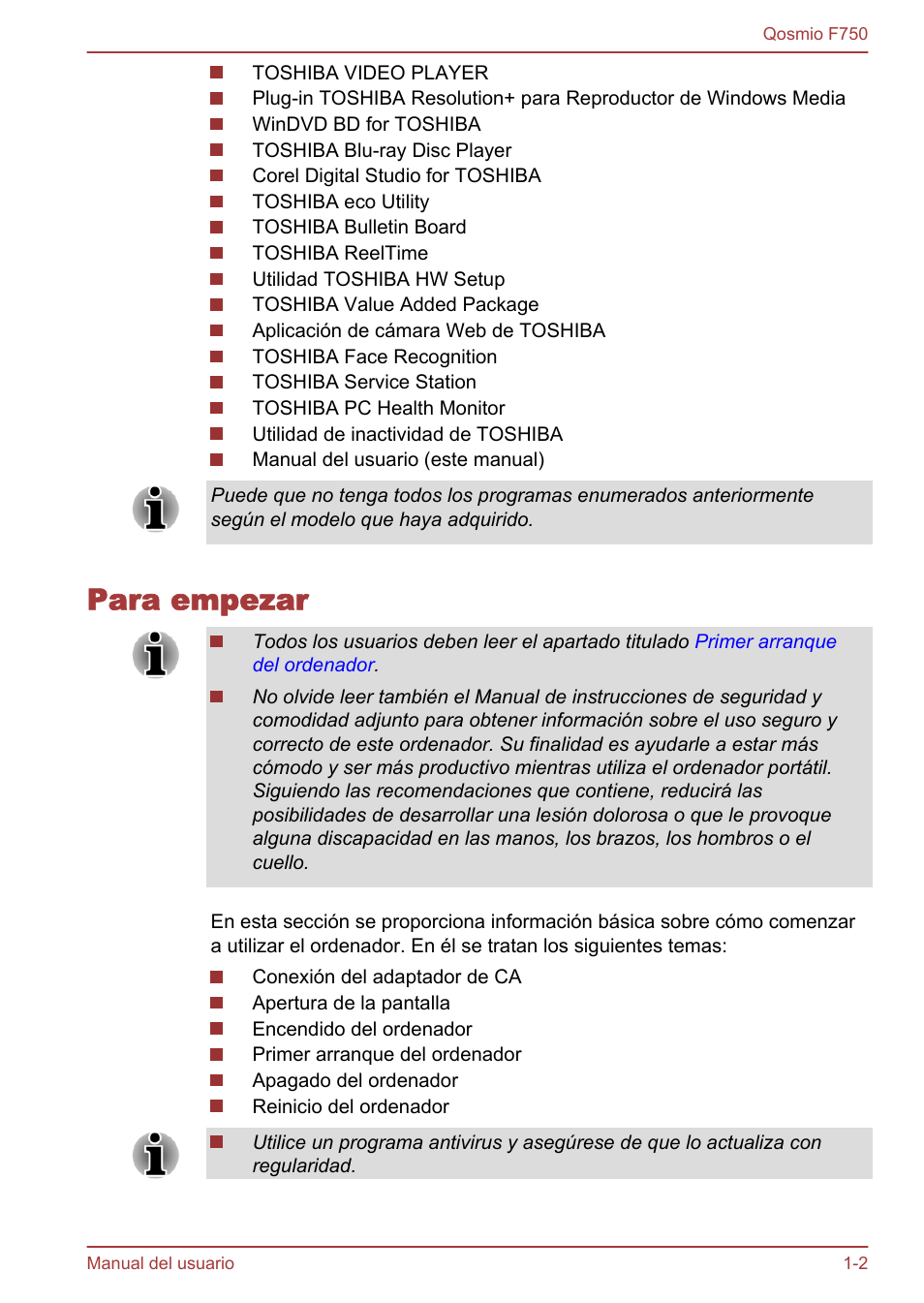 Para empezar, Para empezar -2 | Toshiba Qosmio F750 User Manual | Page 19 / 193