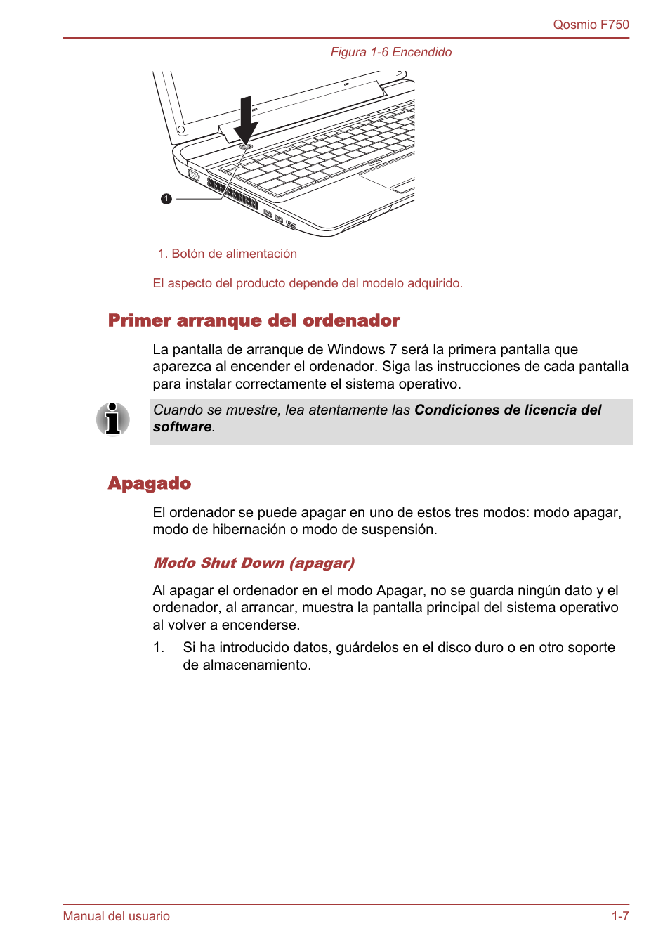 Primer arranque del ordenador, Apagado | Toshiba Qosmio F750 User Manual | Page 24 / 193