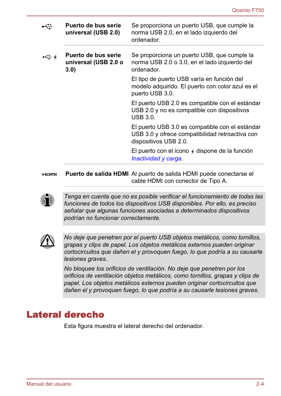 Lateral derecho, Lateral derecho -4 | Toshiba Qosmio F750 User Manual | Page 33 / 193