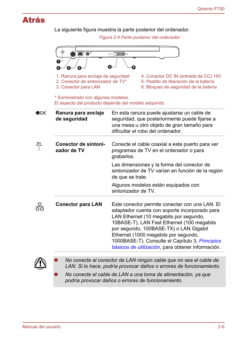 Atrás, Atrás -6 | Toshiba Qosmio F750 User Manual | Page 35 / 193