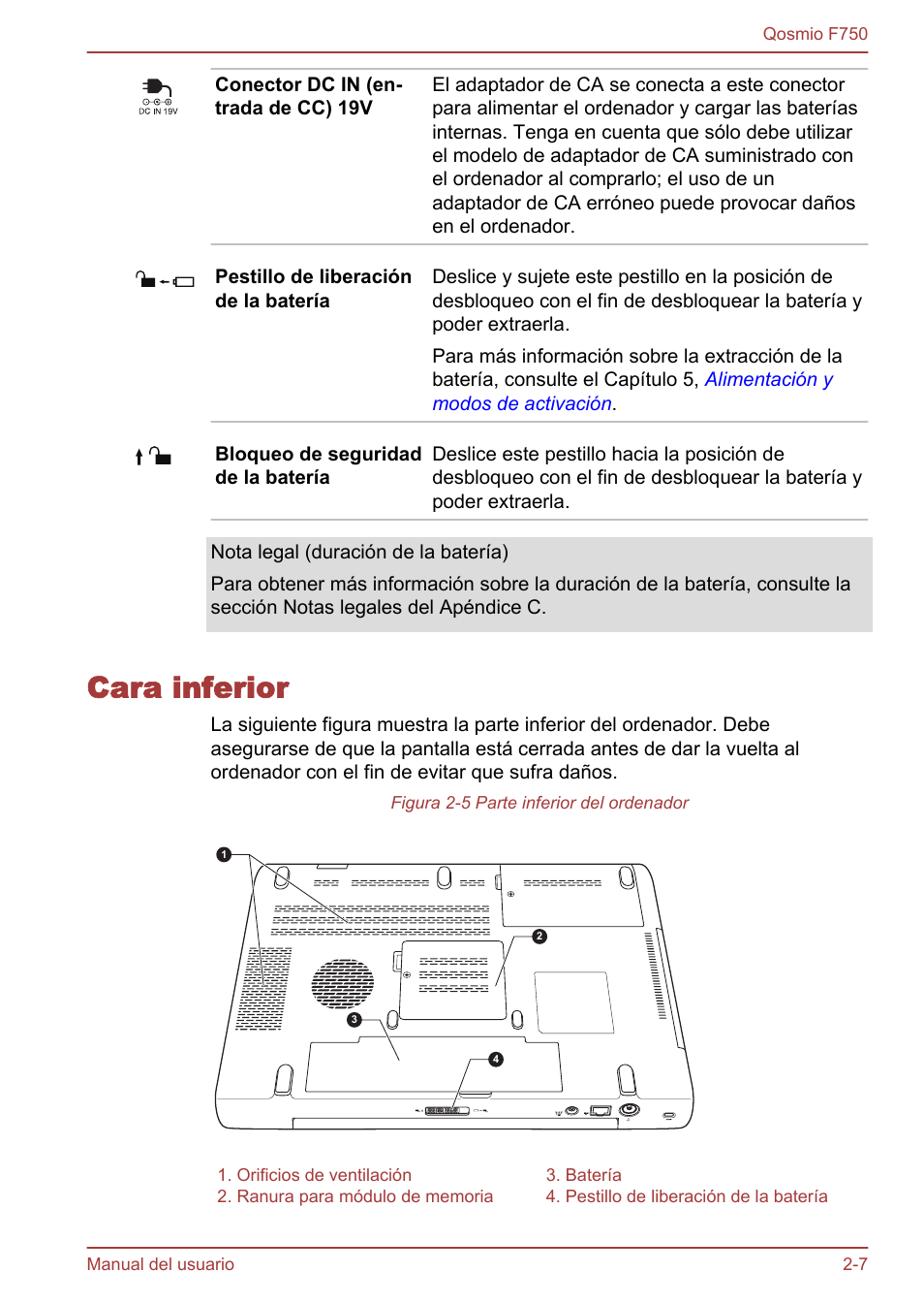 Cara inferior, Cara inferior -7 | Toshiba Qosmio F750 User Manual | Page 36 / 193