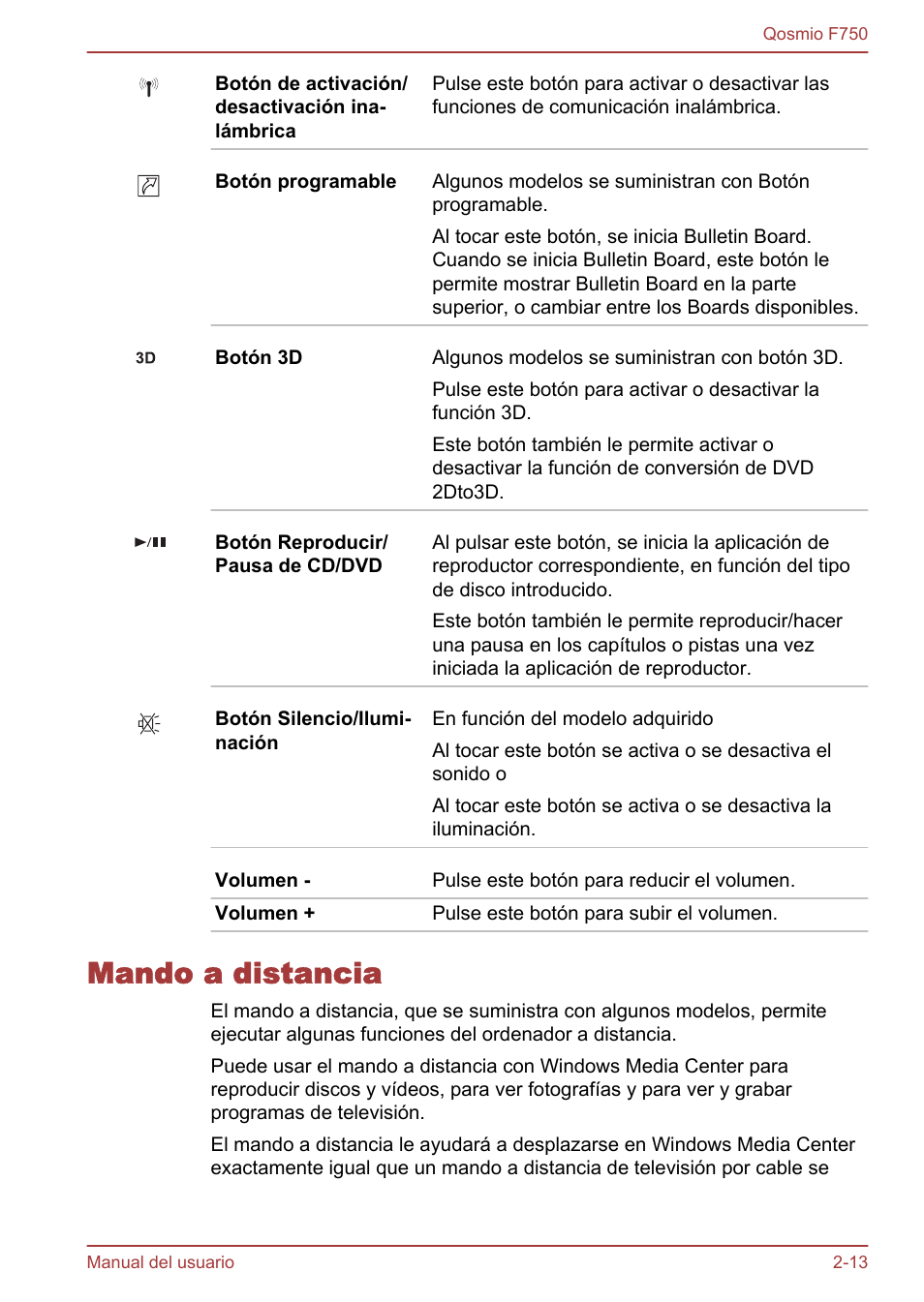 Mando a distancia, Mando a distancia -13 | Toshiba Qosmio F750 User Manual | Page 42 / 193