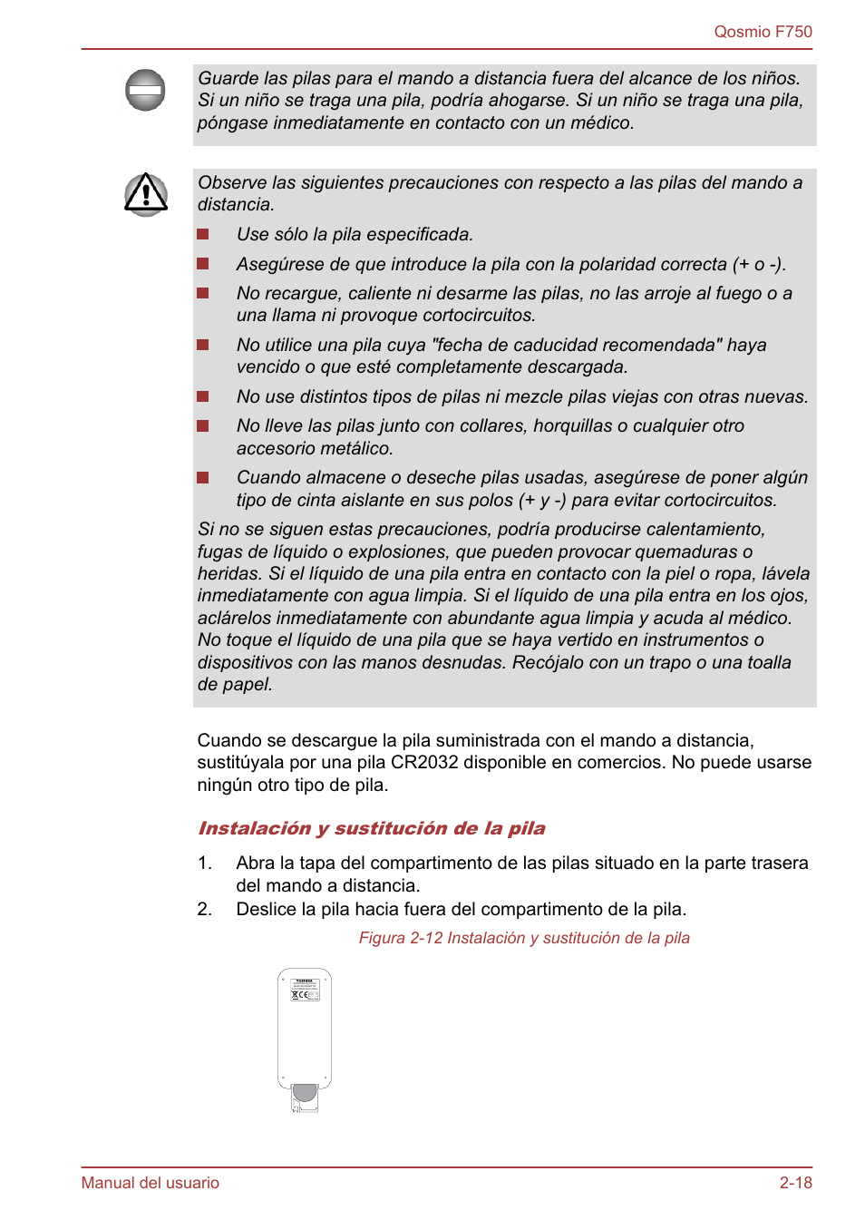 Instalación y sustitución de la pila, Figura 2-12 instalación y sustitución de la pila | Toshiba Qosmio F750 User Manual | Page 47 / 193