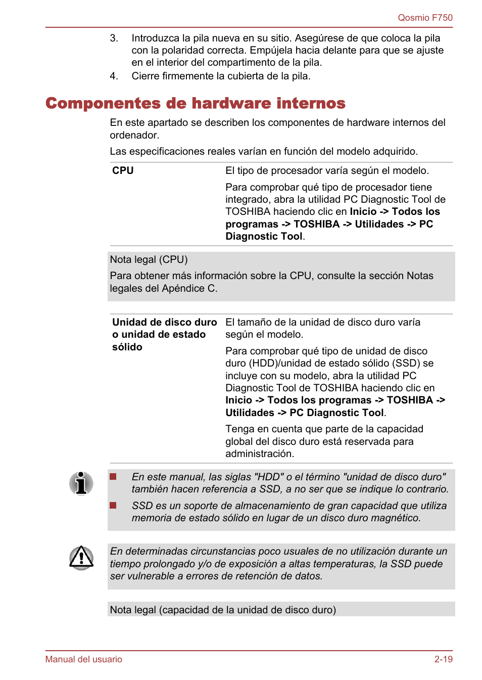 Componentes de hardware internos, Componentes de hardware internos -19 | Toshiba Qosmio F750 User Manual | Page 48 / 193