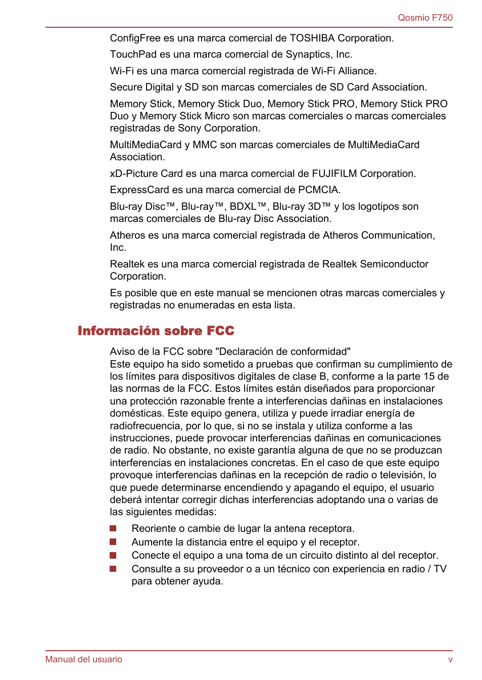 Información sobre fcc | Toshiba Qosmio F750 User Manual | Page 5 / 193