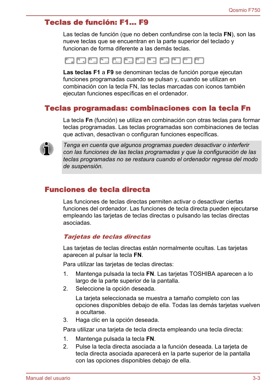 Teclas de función: f1... f9, Teclas programadas: combinaciones con la tecla fn, Funciones de tecla directa | Toshiba Qosmio F750 User Manual | Page 54 / 193