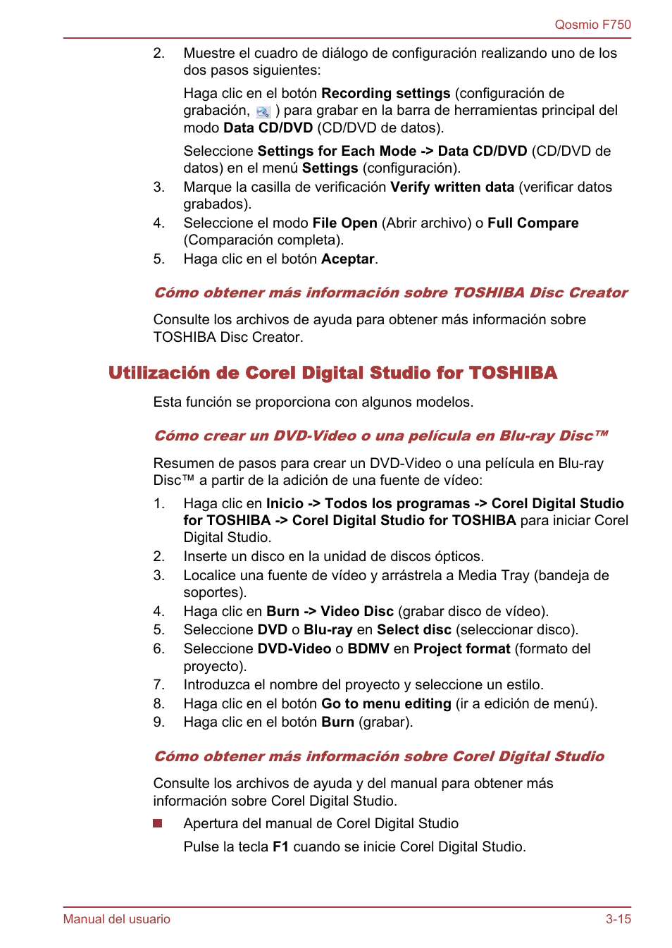 Utilización de corel digital studio for toshiba | Toshiba Qosmio F750 User Manual | Page 66 / 193