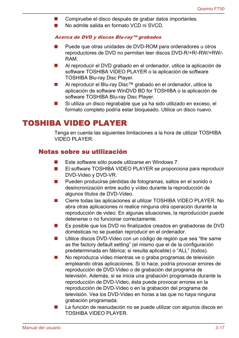 Toshiba video player, Notas sobre su utilización, Toshiba video player -17 | Toshiba Qosmio F750 User Manual | Page 68 / 193