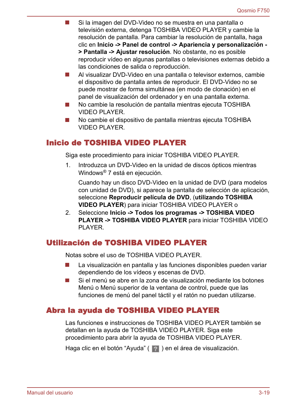 Inicio de toshiba video player, Utilización de toshiba video player, Abra la ayuda de toshiba video player | Toshiba Qosmio F750 User Manual | Page 70 / 193