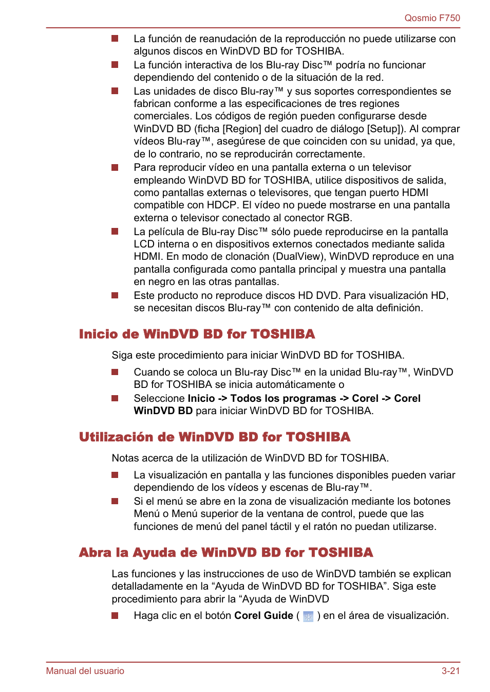 Inicio de windvd bd for toshiba, Utilización de windvd bd for toshiba, Abra la ayuda de windvd bd for toshiba | Toshiba Qosmio F750 User Manual | Page 72 / 193