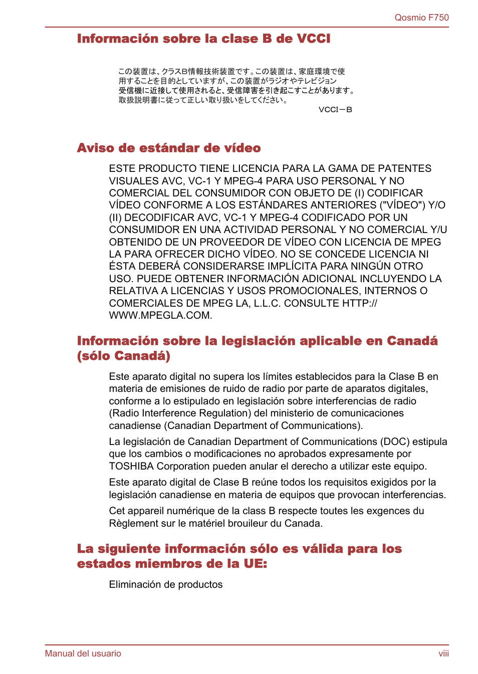 Información sobre la clase b de vcci, Aviso de estándar de vídeo | Toshiba Qosmio F750 User Manual | Page 8 / 193