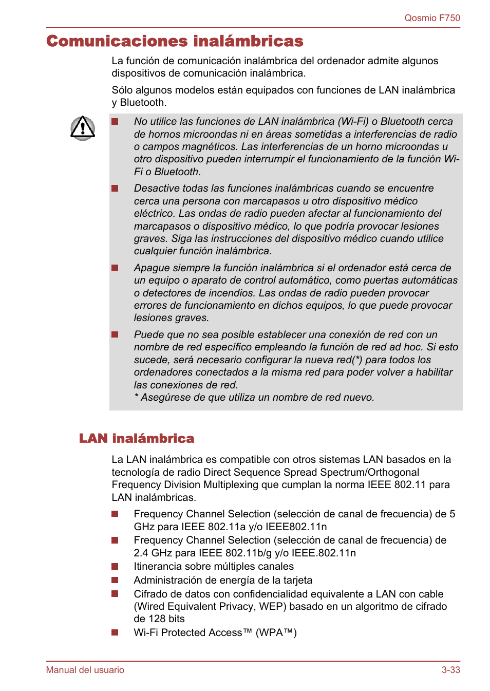 Comunicaciones inalámbricas, Lan inalámbrica, Comunicaciones inalámbricas -33 | Toshiba Qosmio F750 User Manual | Page 84 / 193