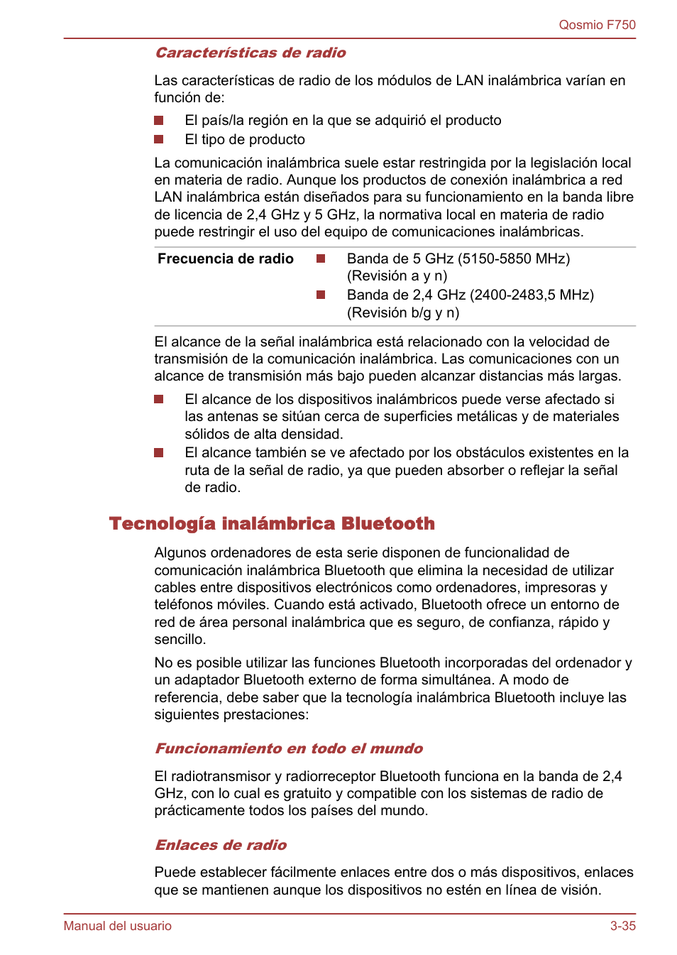 Tecnología inalámbrica bluetooth | Toshiba Qosmio F750 User Manual | Page 86 / 193