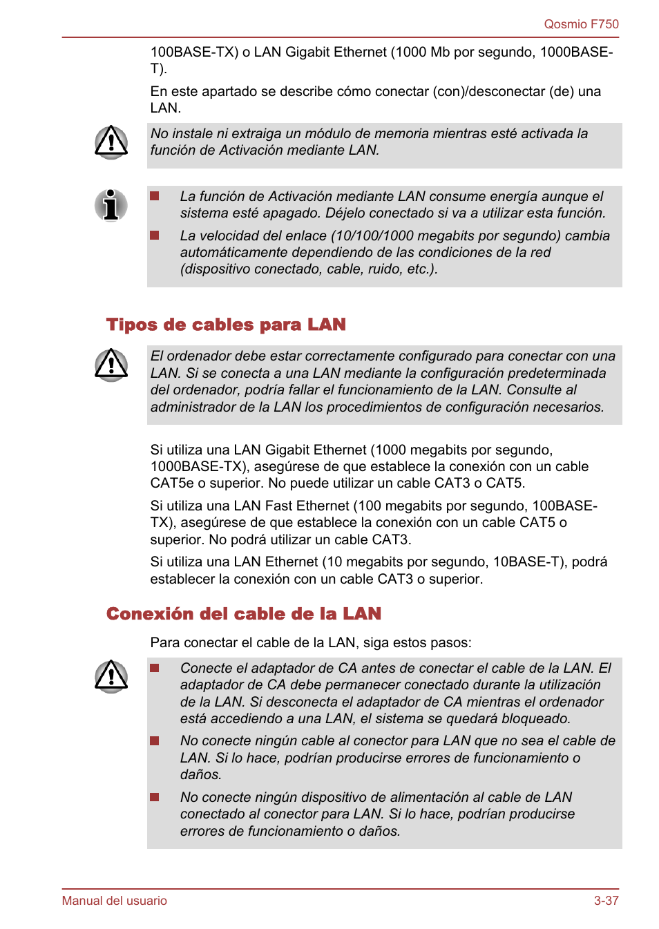 Tipos de cables para lan, Conexión del cable de la lan | Toshiba Qosmio F750 User Manual | Page 88 / 193