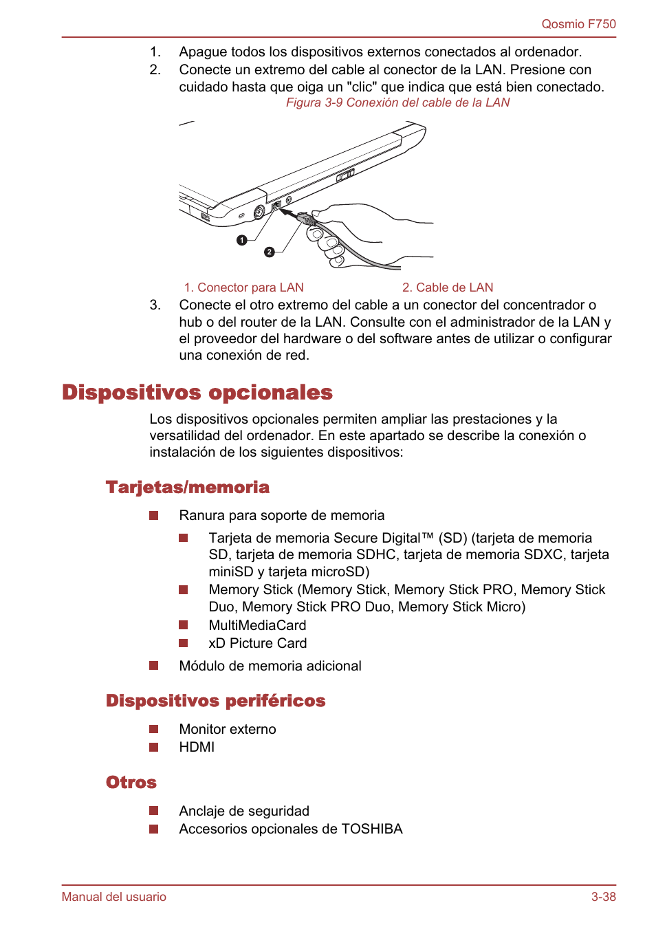 Dispositivos opcionales, Tarjetas/memoria, Dispositivos periféricos | Otros, Dispositivos opcionales -38 | Toshiba Qosmio F750 User Manual | Page 89 / 193