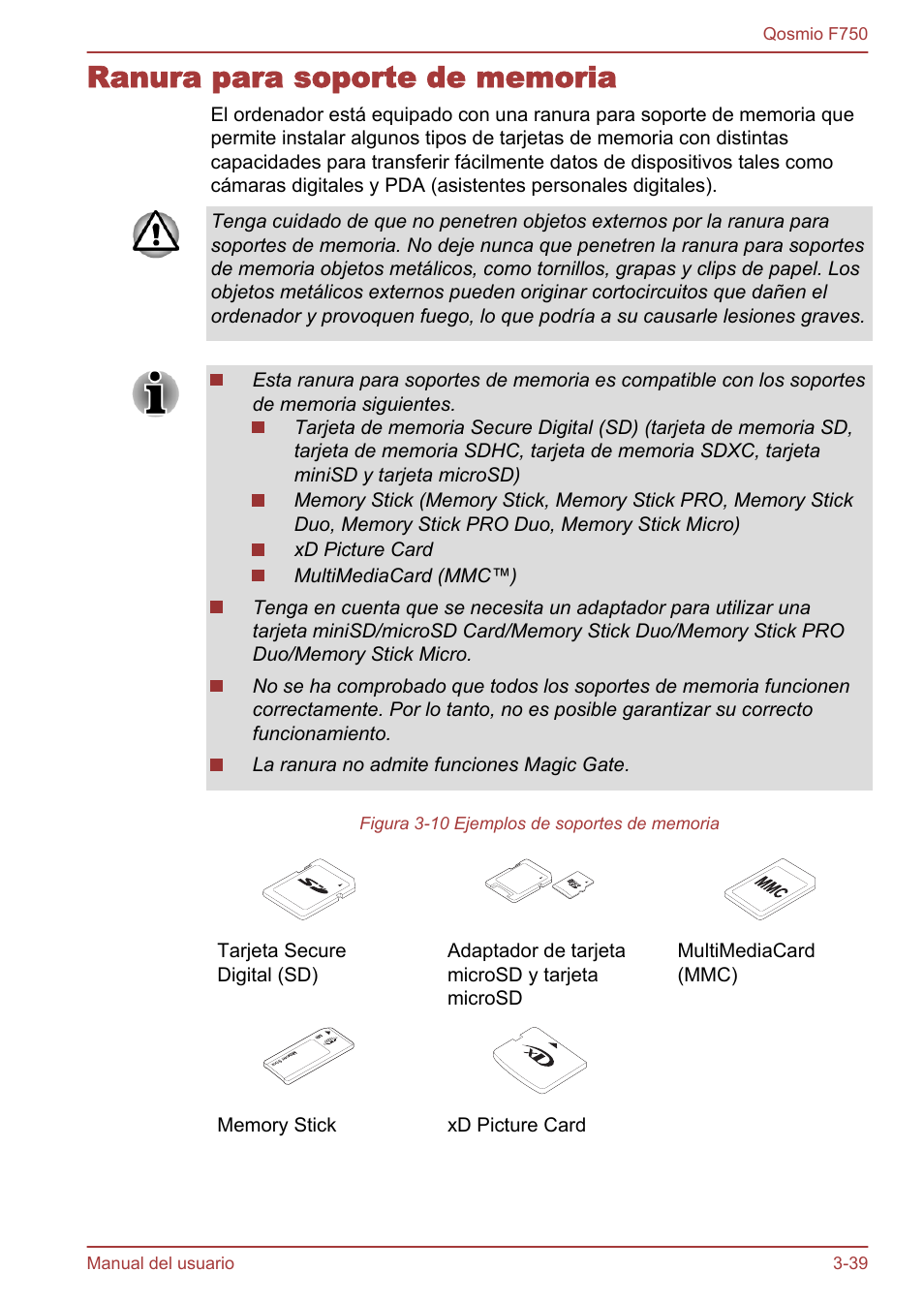 Ranura para soporte de memoria, Ranura para soporte de memoria -39 | Toshiba Qosmio F750 User Manual | Page 90 / 193