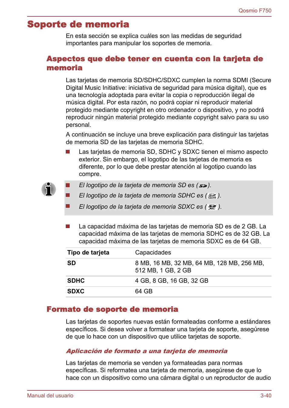 Soporte de memoria, Formato de soporte de memoria, Soporte de memoria -40 | Toshiba Qosmio F750 User Manual | Page 91 / 193