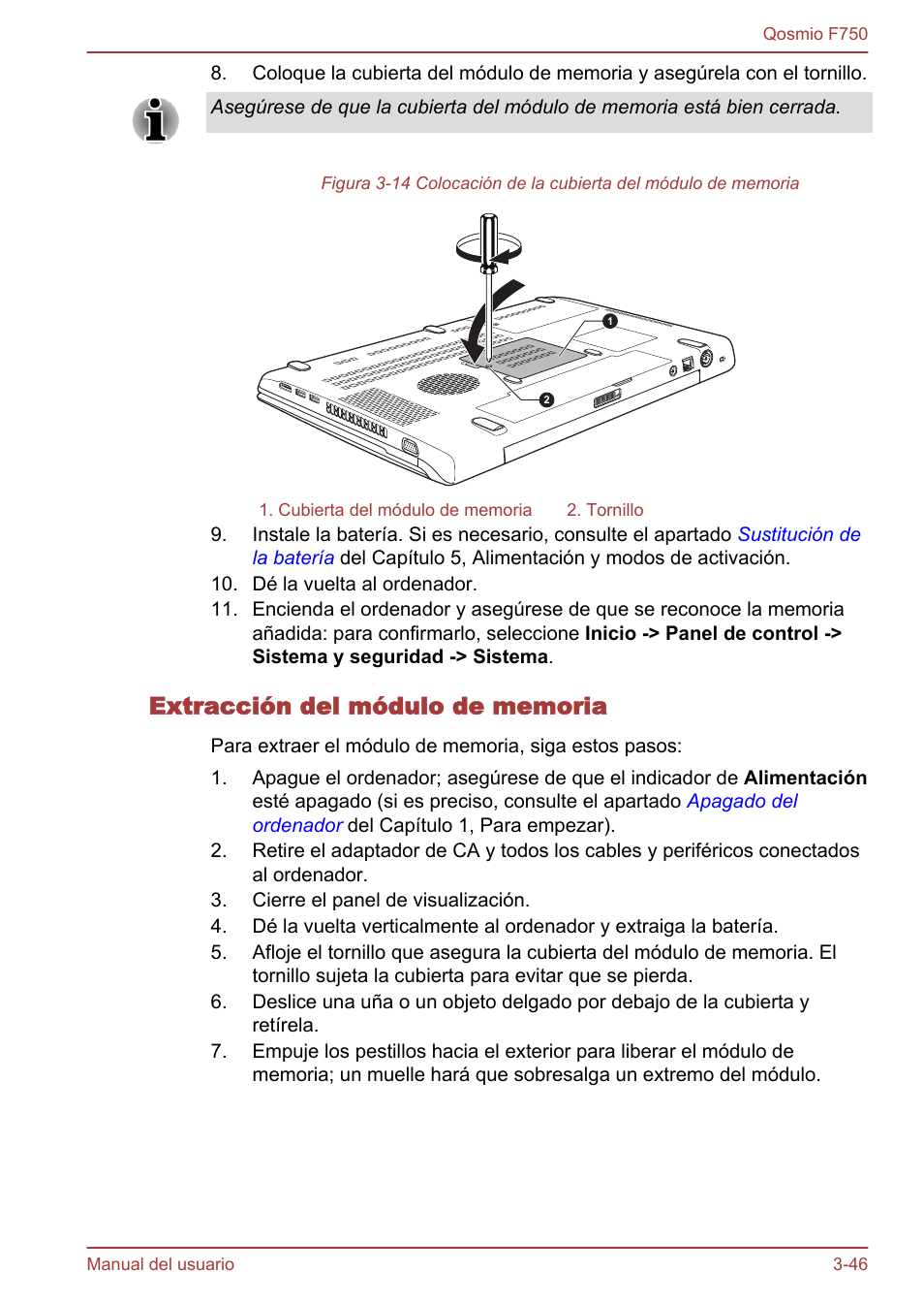 Extracción del módulo de memoria | Toshiba Qosmio F750 User Manual | Page 97 / 193