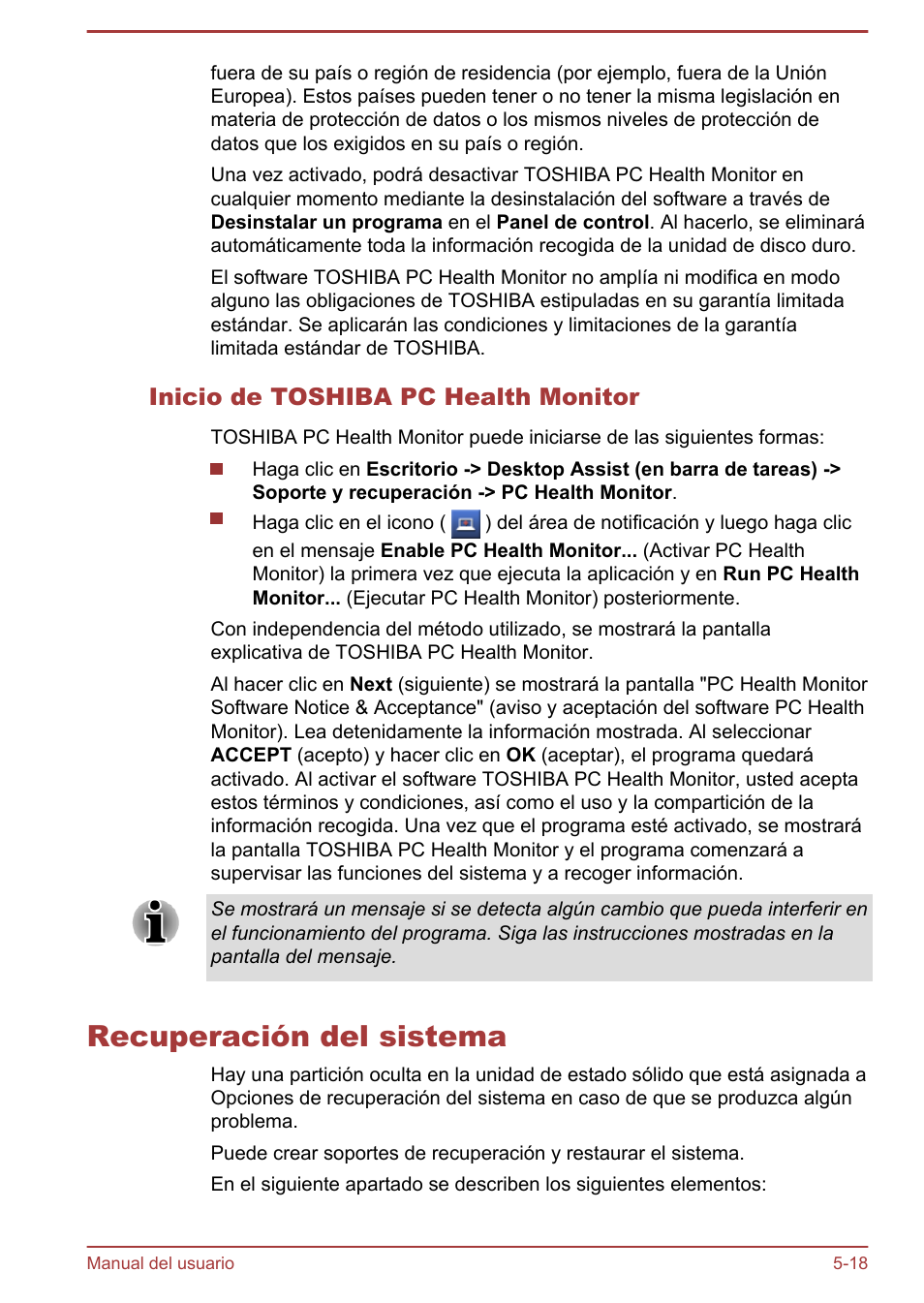 Inicio de toshiba pc health monitor, Recuperación del sistema, Recuperación del sistema -18 | Toshiba Satellite U920T-C User Manual | Page 100 / 123