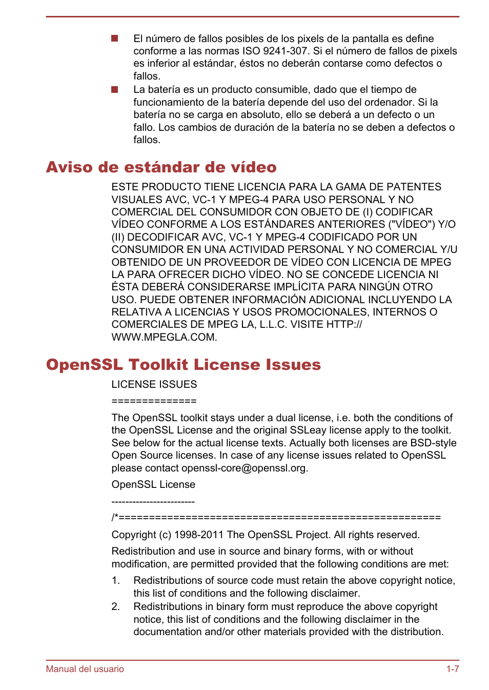 Aviso de estándar de vídeo, Openssl toolkit license issues | Toshiba Satellite U920T-C User Manual | Page 11 / 123