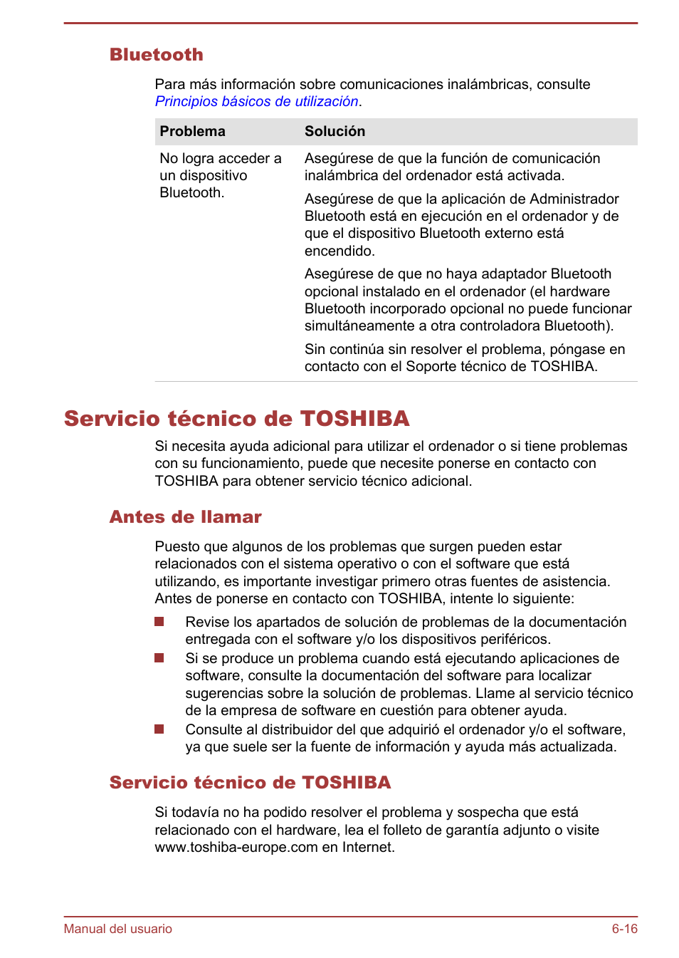 Bluetooth, Servicio técnico de toshiba, Antes de llamar | Servicio técnico de toshiba -16 | Toshiba Satellite U920T-C User Manual | Page 120 / 123