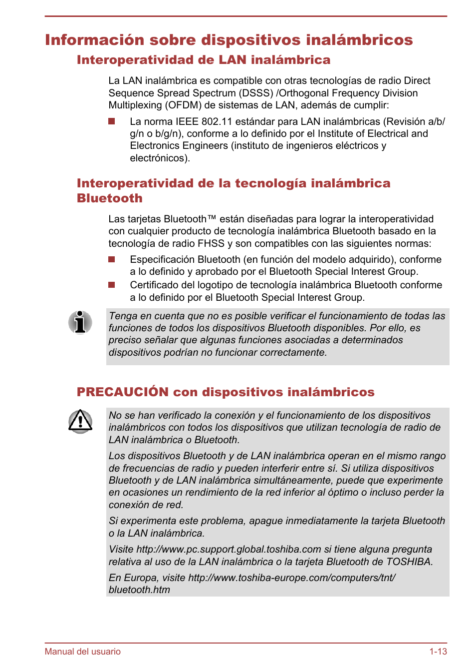 Información sobre dispositivos inalámbricos, Interoperatividad de lan inalámbrica, Precaución con dispositivos inalámbricos | Información sobre dispositivos inalámbricos -13 | Toshiba Satellite U920T-C User Manual | Page 17 / 123