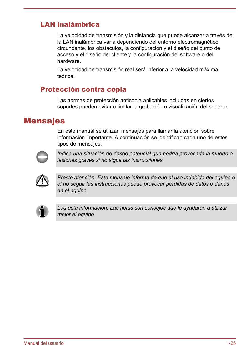 Lan inalámbrica, Protección contra copia, Mensajes | Mensajes -25 | Toshiba Satellite U920T-C User Manual | Page 29 / 123