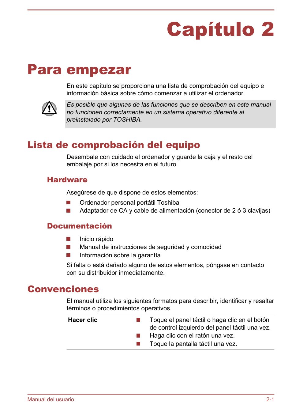 Capítulo 2 para empezar, Lista de comprobación del equipo, Hardware | Documentación, Convenciones, Capítulo 2, Para empezar | Toshiba Satellite U920T-C User Manual | Page 30 / 123