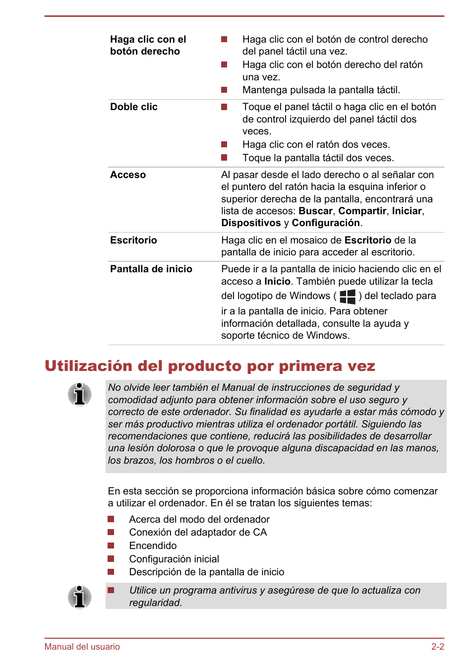 Utilización del producto por primera vez, Utilización del producto por primera vez -2 | Toshiba Satellite U920T-C User Manual | Page 31 / 123