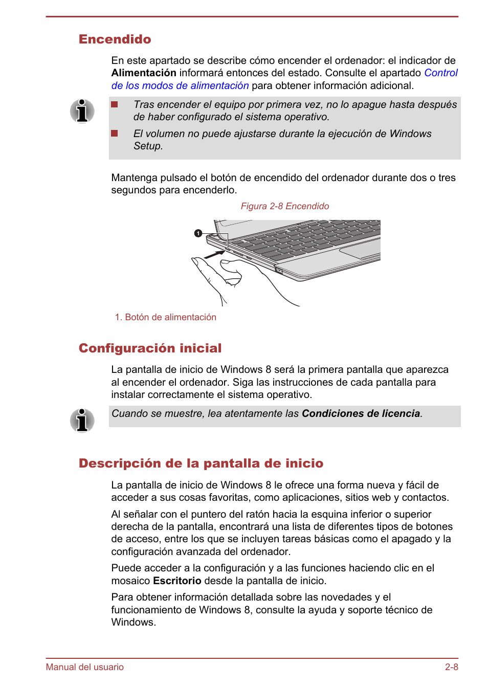 Encendido, Configuración inicial, Descripción de la pantalla de inicio | Toshiba Satellite U920T-C User Manual | Page 37 / 123
