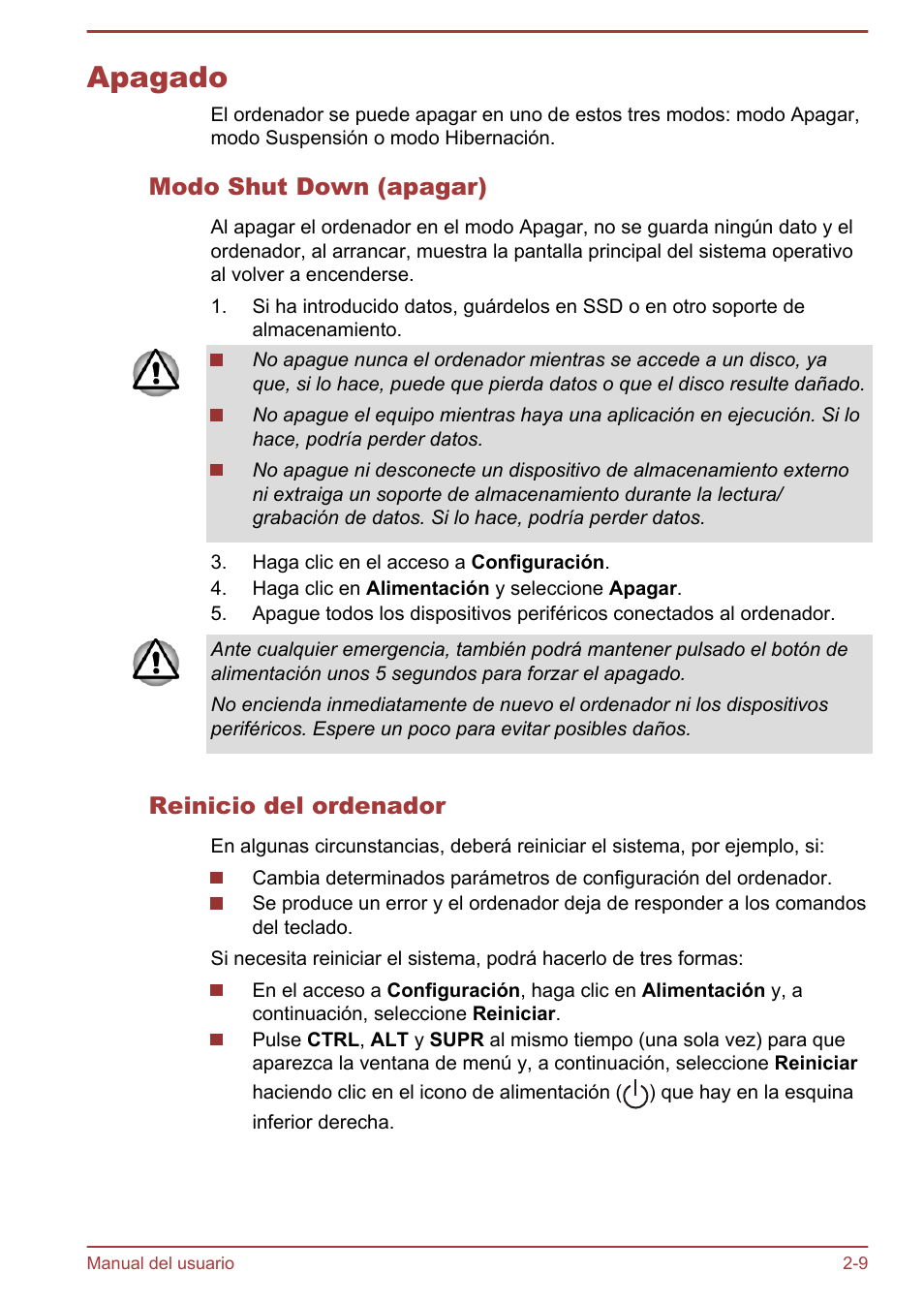 Apagado, Modo shut down (apagar), Reinicio del ordenador | Apagado -9 | Toshiba Satellite U920T-C User Manual | Page 38 / 123